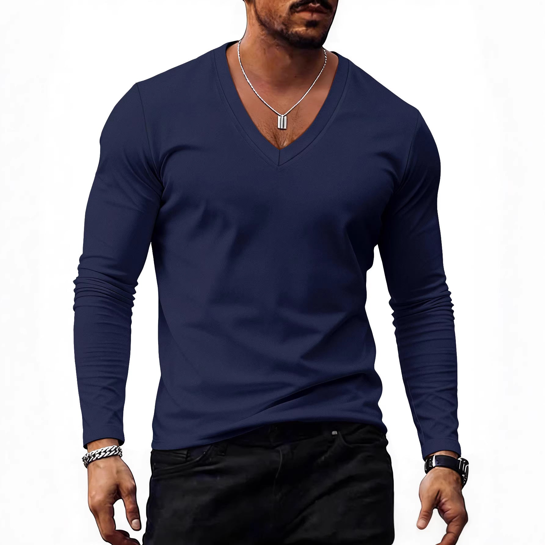 Mens Solid-Color Plus-Size Casual V-Neck T-Shirt