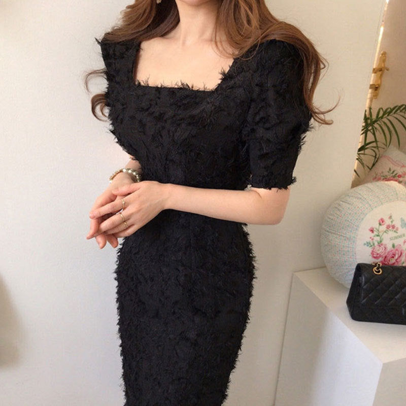 Women's Fashion Retro Square Neck Feather Tassel Wrap Dress