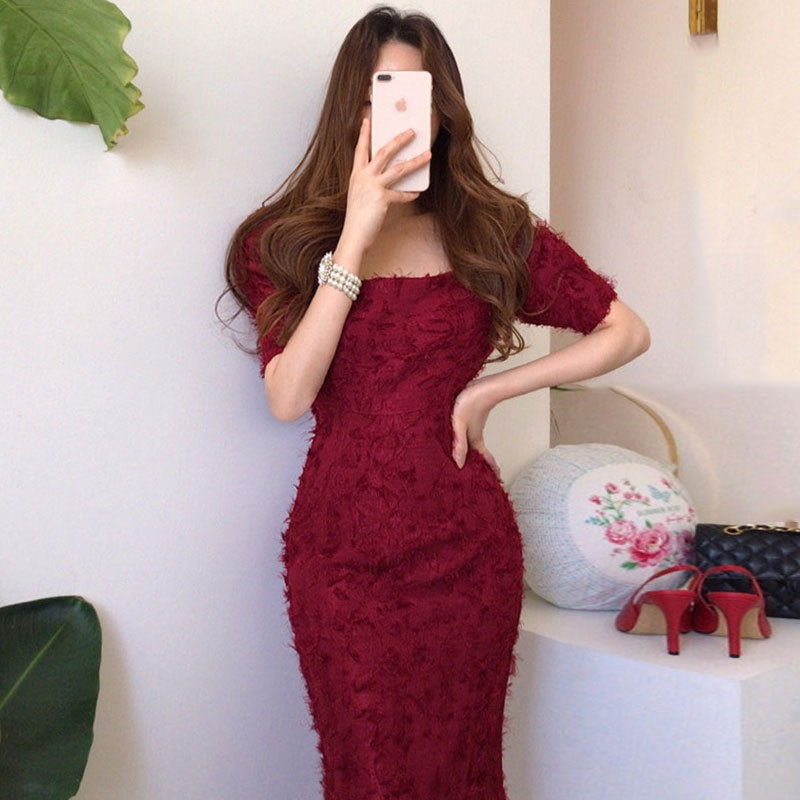 Women's Fashion Retro Square Neck Feather Tassel Wrap Dress