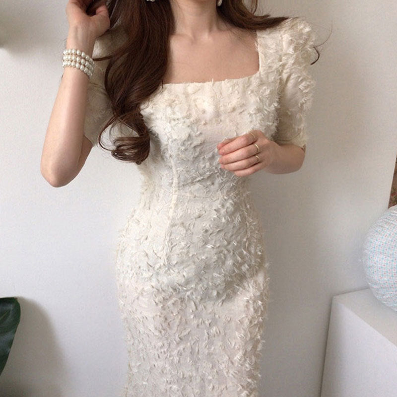 Women's Fashion Retro Square Neck Feather Tassel Wrap Dress