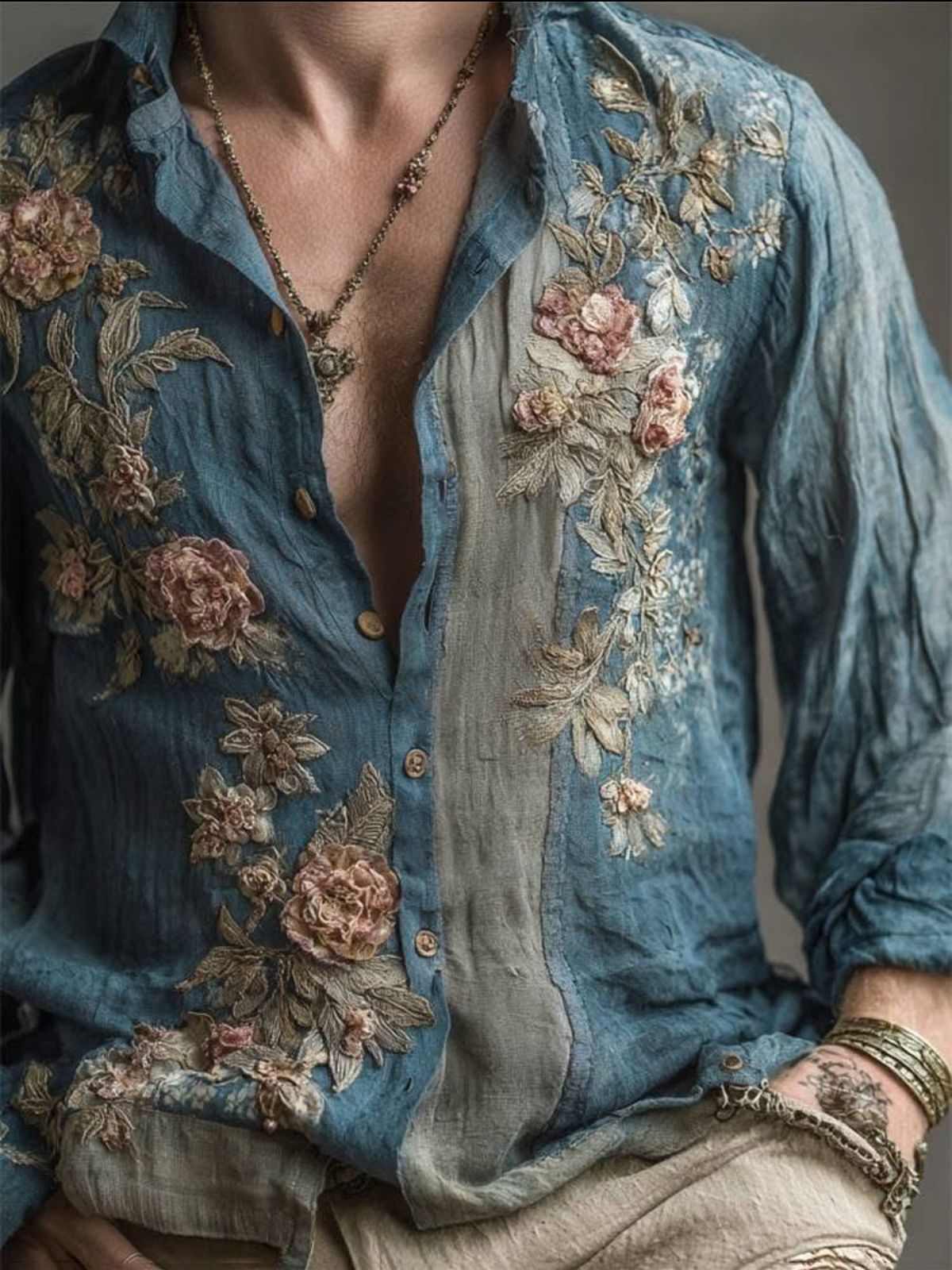 Retro Casual American-style Loose-fitting Mens Printed Long-sleeve Floral Shirt