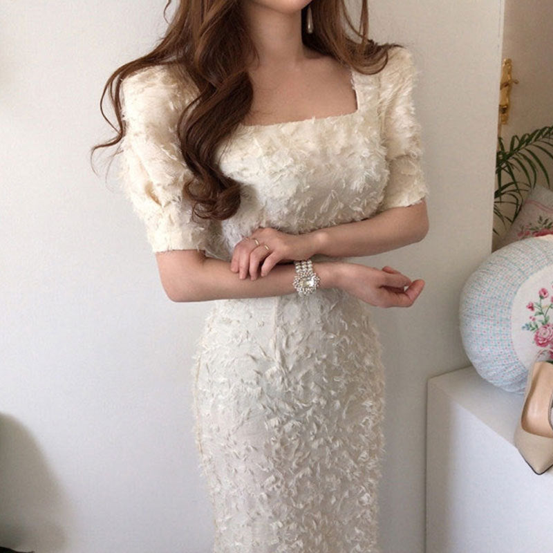 Women's Fashion Retro Square Neck Feather Tassel Wrap Dress