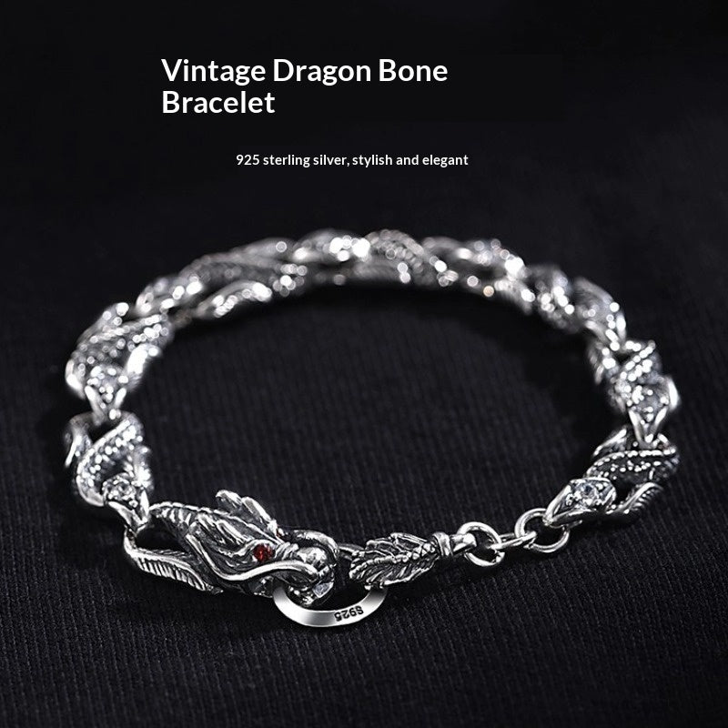 Men's Style 925 Silver Zodiac Dragon Bone Bracelet