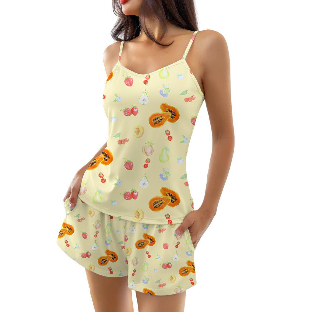 Strap-printed Loose-fitting Short-sleeve Shorts Set